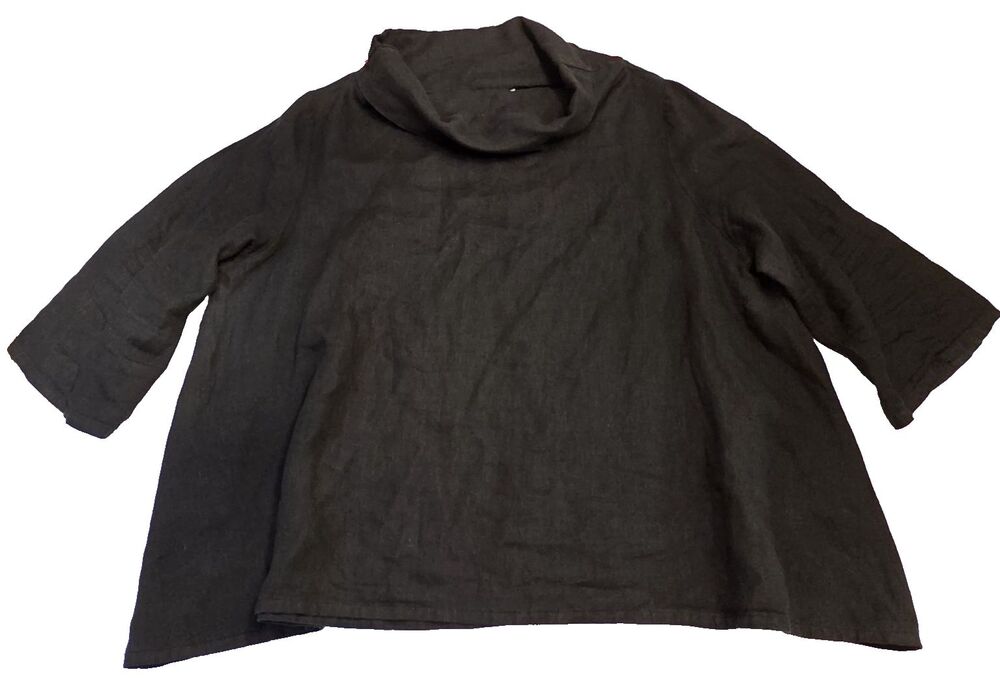 Bryn Walker XL Black 100% Linen Tunic Top Cowl Neck Made in USA Lagenlook Boho - Picture 2 of 9